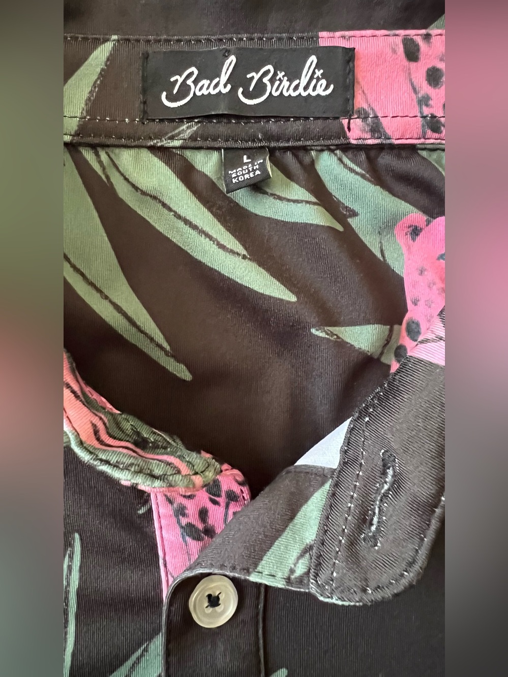Bad Birdie Cheetah Tropical Golf Polo Men’s L Black Pink Performance Shirt - Picture 8 of 11